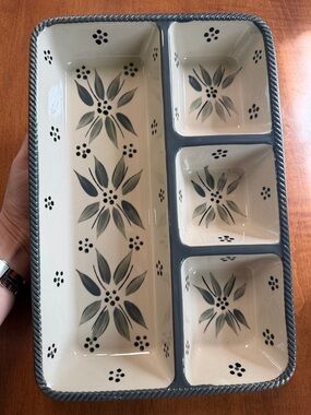 Temp-Tations Old World Gray Ceramic Divided Serving Tray